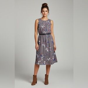 Elle NWT Gray Purple Floral Fit & Flare Patent Black Belted Sleeveless Dress